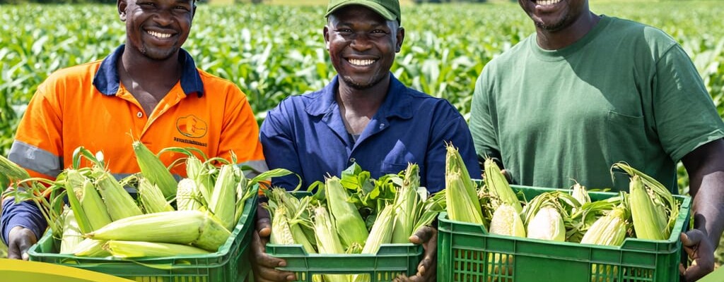 Farmers with corn harvest